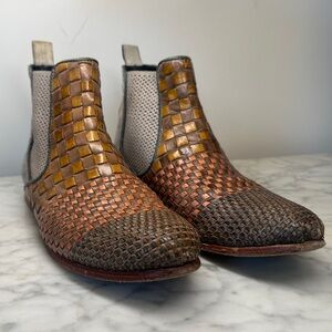 Italian Woven Leather Chelsea Boots Women US 8 Orange Grey Teal Spring Booties